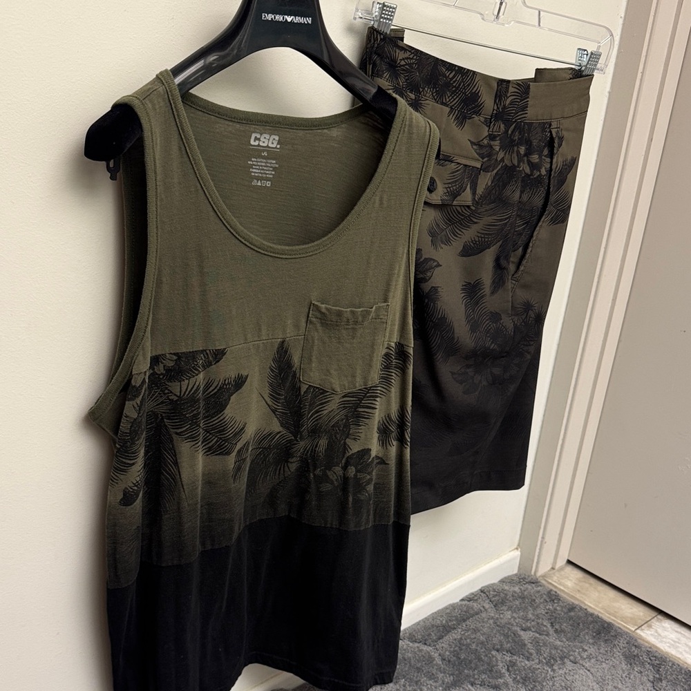 Men’s vintage 90s CSG Olive and Black Palm Tank and Shorts Set